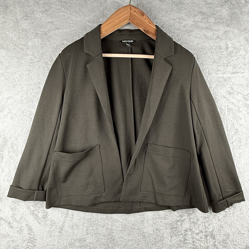 Eileen Fisher Blazer Jacket Womens XS Olive Green Open Front Career Pockets Prep
